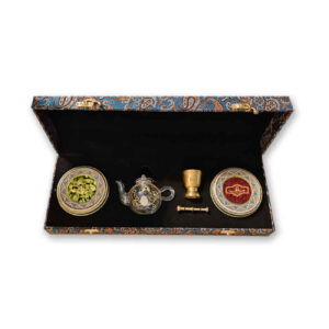 Persian Saffron Gift Box (3 grams) – in Chenarani Khatam Tapestry with Cardamom, Teapot & Mortar