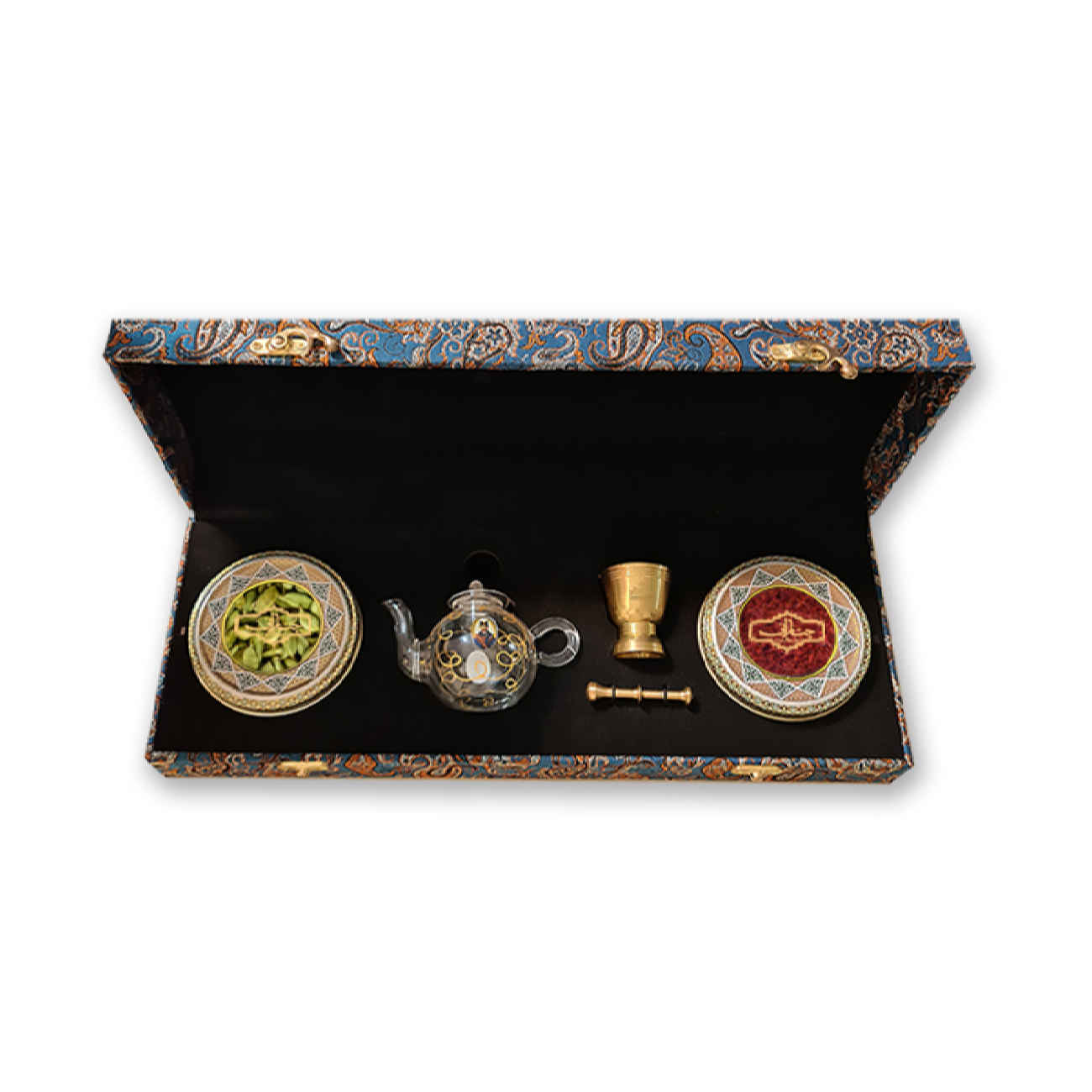 Persian Saffron Gift Box (3 grams) - in Chenarani Khatam Tapestry with Cardamom, Teapot & Mortar
