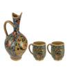 Pottery Pitcher and Glass Set with Bird & Flower Design in Turquoise Set of 3