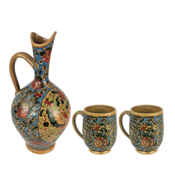 Pottery Pitcher and Glass Set with Bird & Flower Design in Turquoise Set of 3