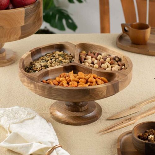 Rustic Wooden Pedestal Serving Bowl with Dividers