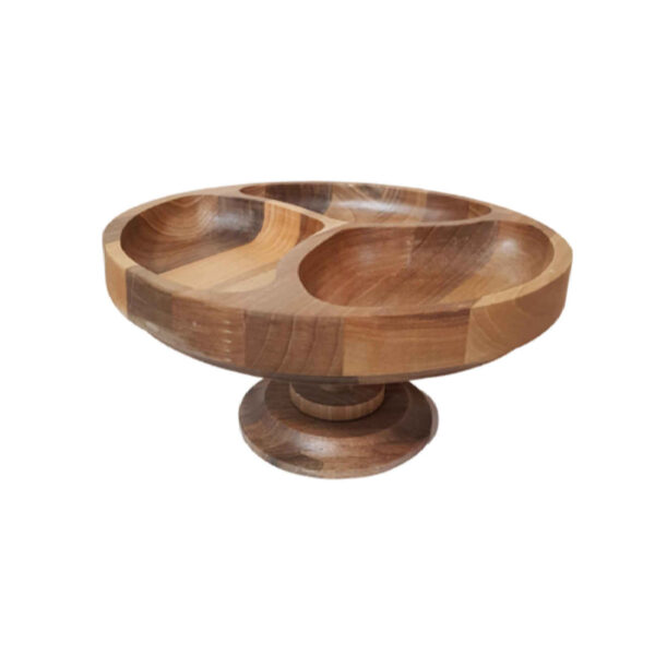 Rustic Wooden Pedestal Serving Bowl with Dividers