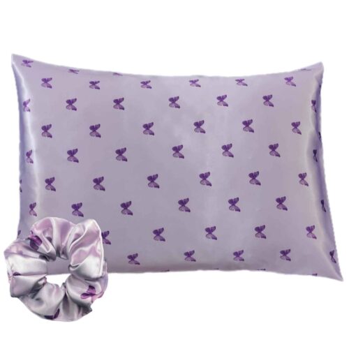 Silk Satin Pillowcase with Butterfly Design and Hair Tie (Pack of 2)