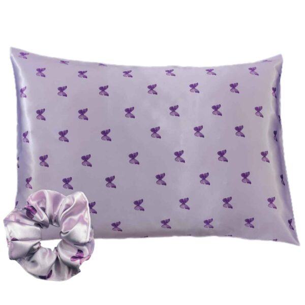 Silk Satin Pillowcase with Butterfly Design and Hair Tie (Pack of 2)