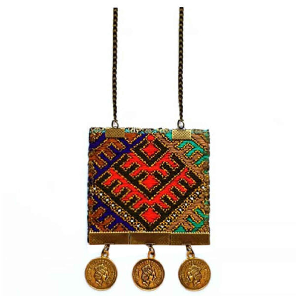 Traditional Persian Embroidered Necklace with Chain and Coin Design