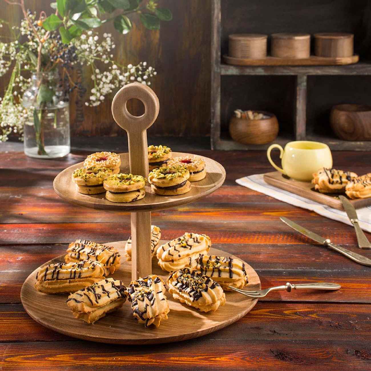 Two-Tier Wooden Serving Stand with Handle