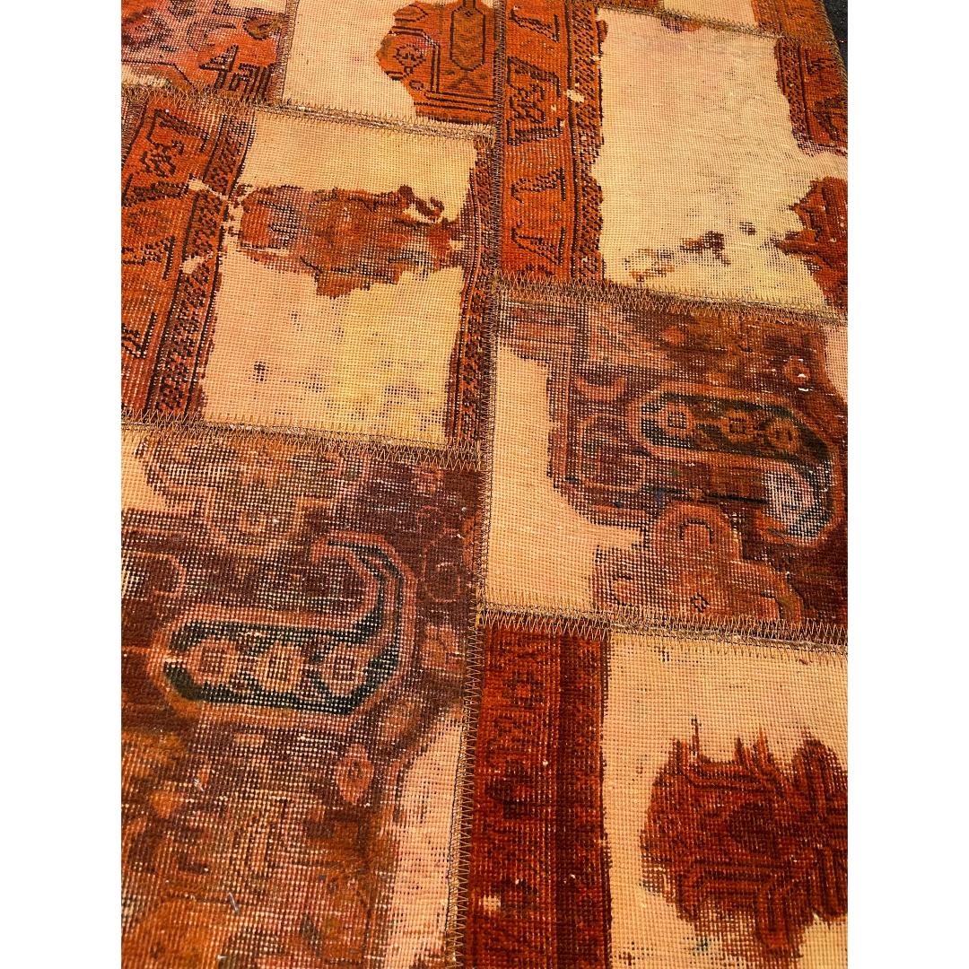 Vintage Persian Hand-Knotted Patchwork Carpet Geometric Brick Red
