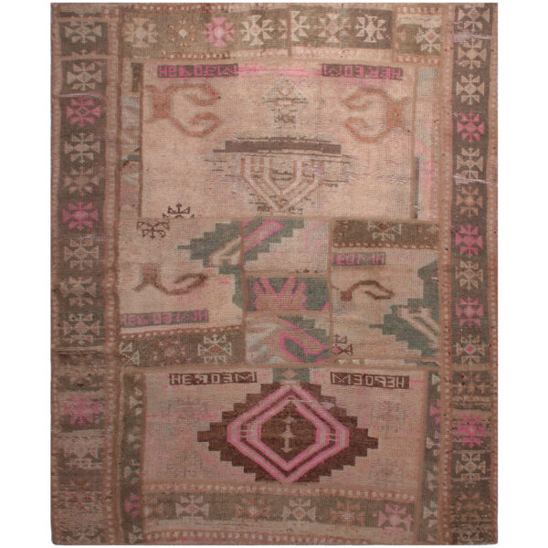 Vintage Persian Hand-Knotted Patchwork Carpet Geometric Brown
