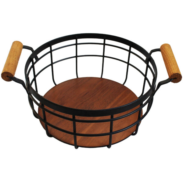 Wire Basket With Wooden Base Design & Handle Perfect for Fruit in Black