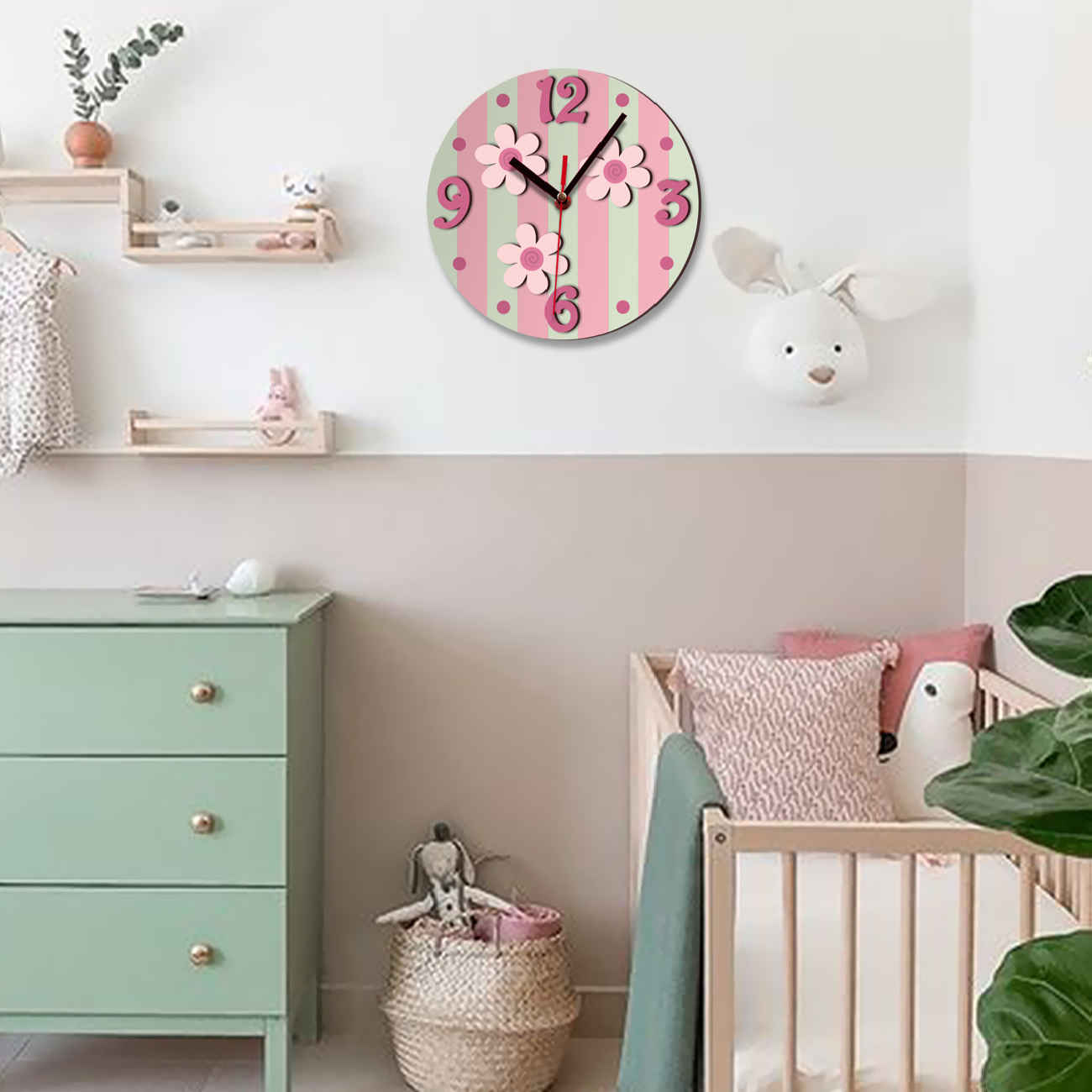 Wooden Nursery Wall Clock Perfect for Children’s Room with Floral Design