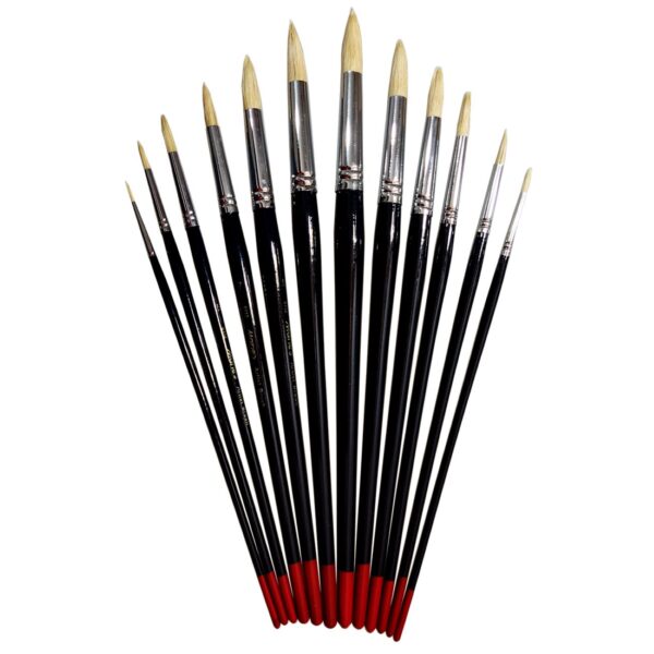 12-Piece Artificial High Quality Soft Round Bristle Paint Brush Set with Long Wooden Handle