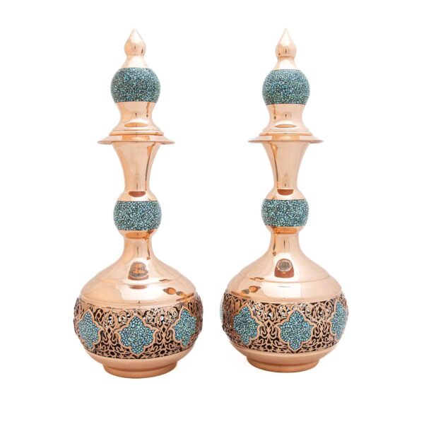 Decorative Copper Bottle Persian Artisan-Crafted Turquoise Inlay Set of 2