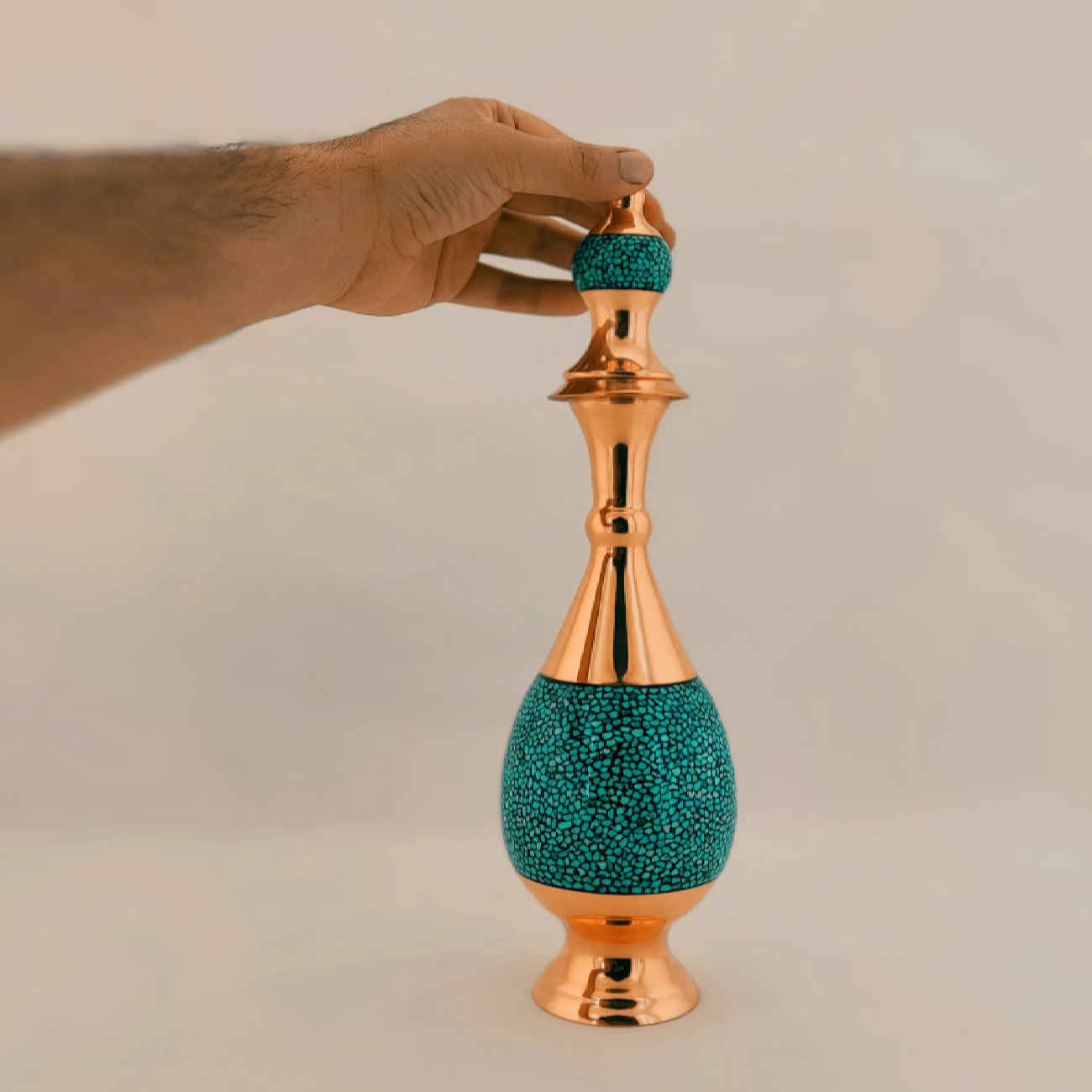 Decorative Copper Bottle Persian Artisan-Crafted with Turquoise Inlay Design