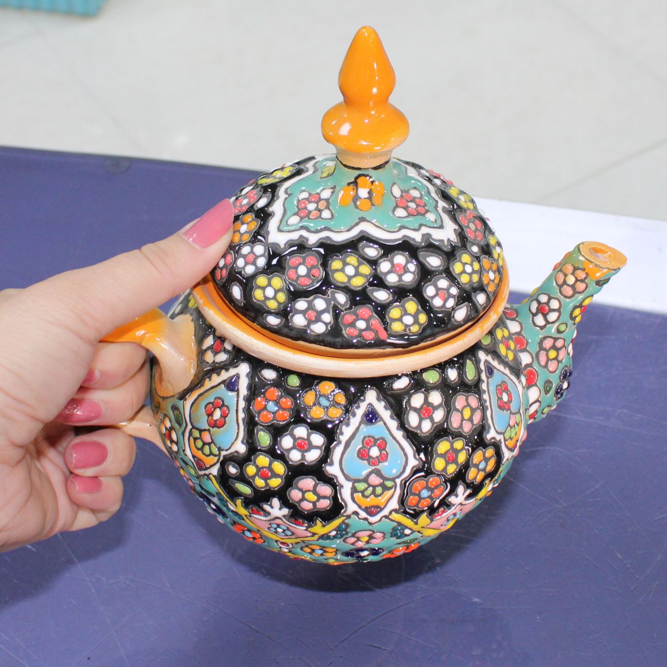 Decorative Pottery Teapot with Paisley Minakari Enameling Design Traditional Model