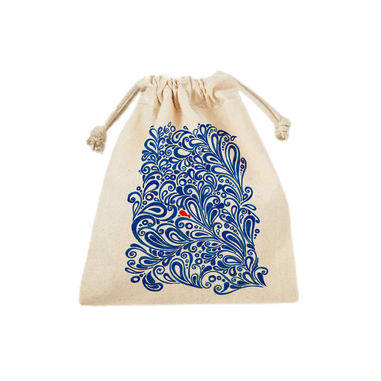 Drawstring Cotton Storage Bag, Eco-Friendly and Reusable with Sea & Fish Design