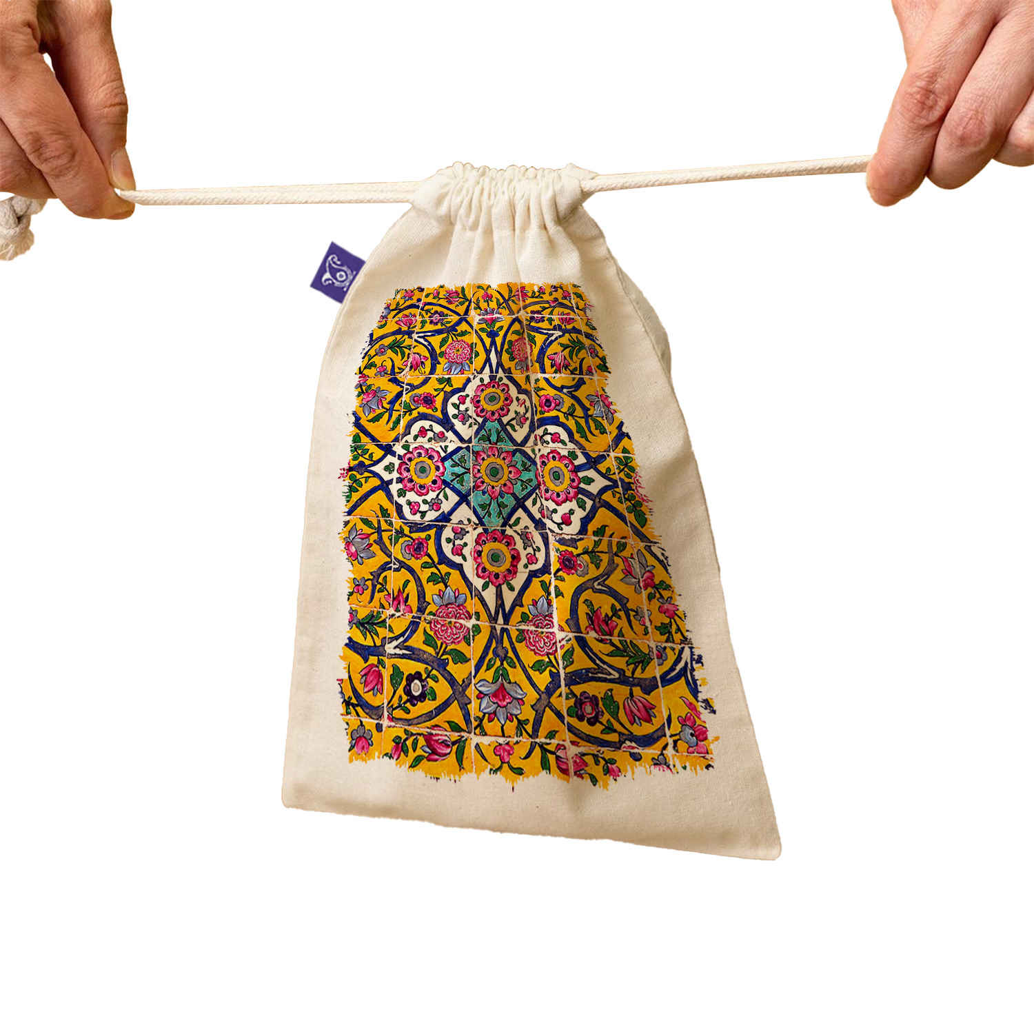 Drawstring Cotton Storage Bag – Reusable and Durable with Persian Tile Design