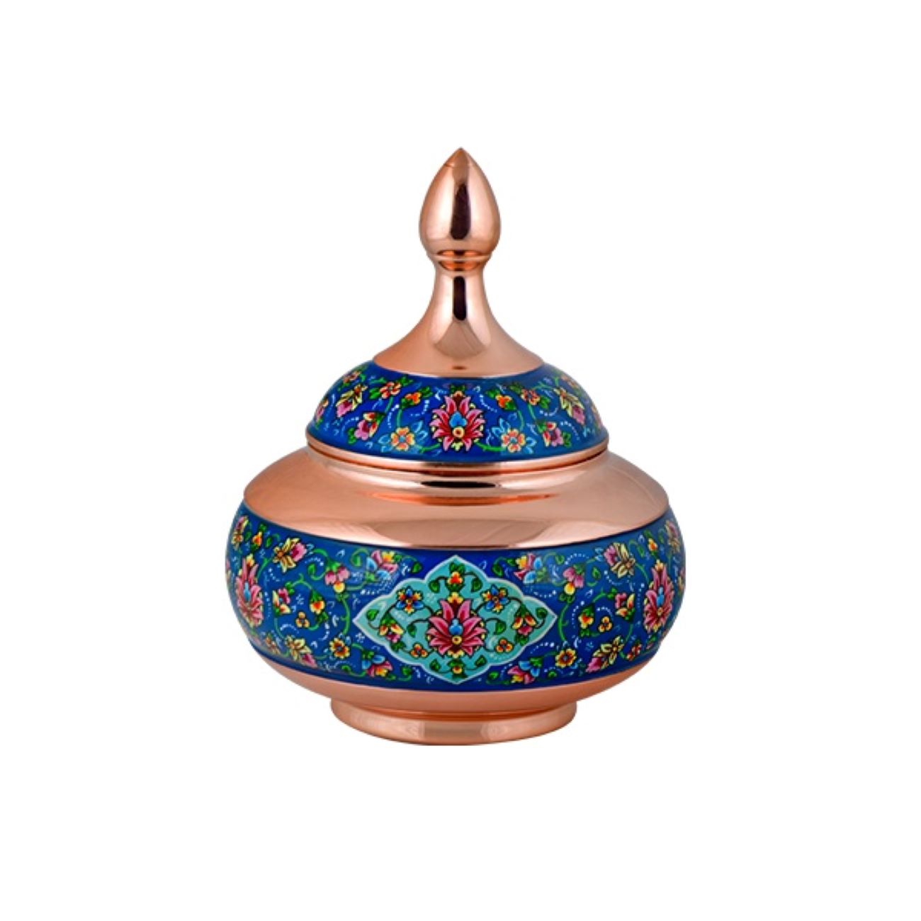 Handcrafted Persian Copper Sugar Bowl with Lid - Minakari Enameled