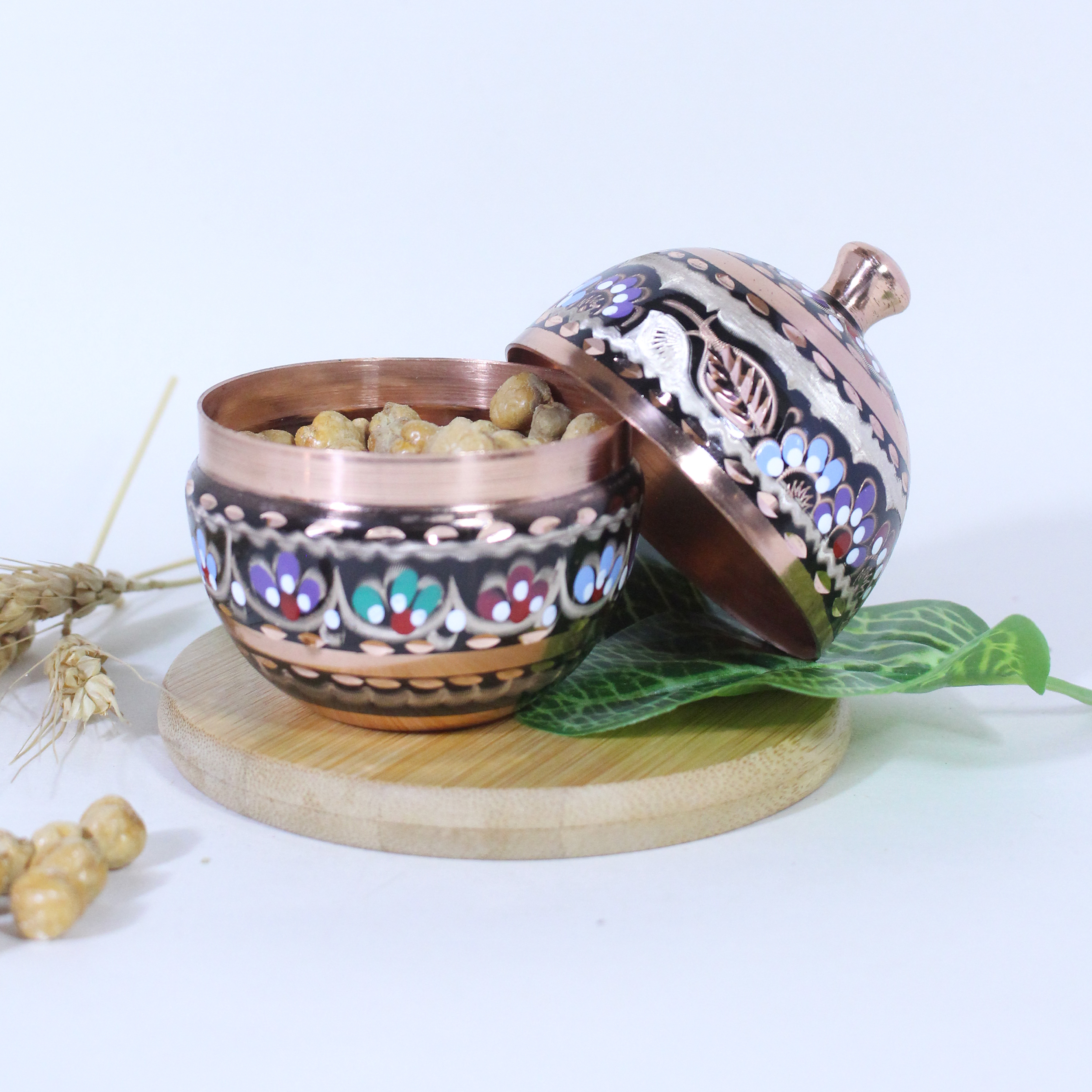 Handcrafted Persian Copper Sugar Bowl with Lid a Egg-shaped Design – Minakari Enameled