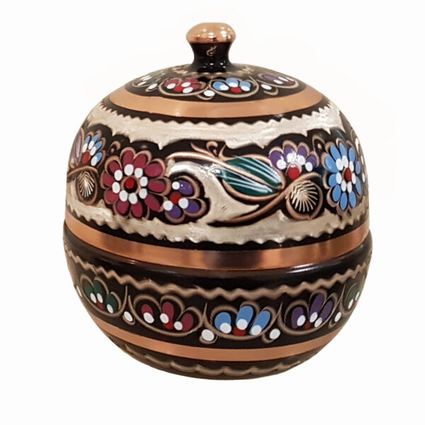 Handcrafted Persian Copper Sugar Bowl with Lid a Egg-shaped Design - Minakari Enameled