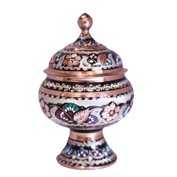 Handcrafted Persian Copper Sugar Bowl with Lid a jar-shaped design - Minakari Enameled