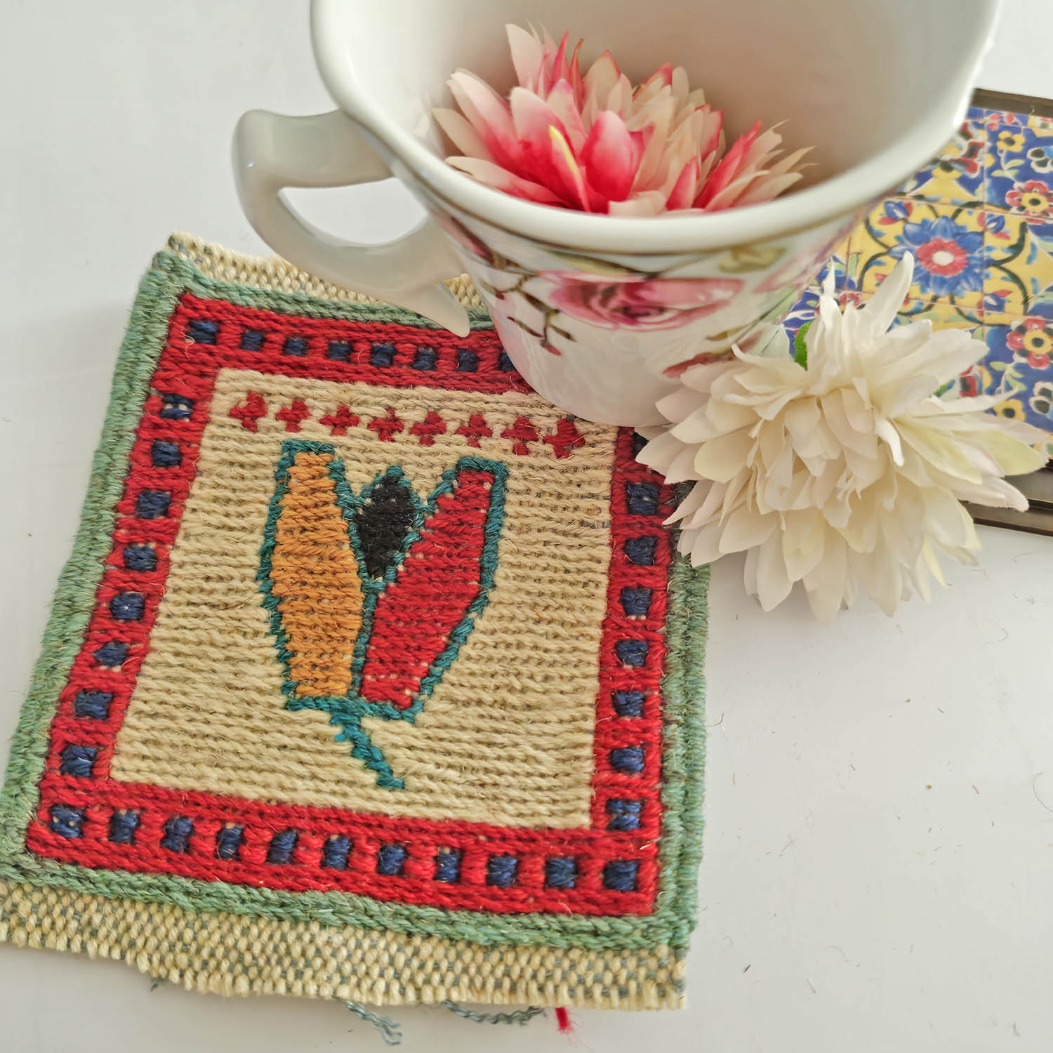 Handwoven Persian Kilim Coaster – Pistachio Design from Fars