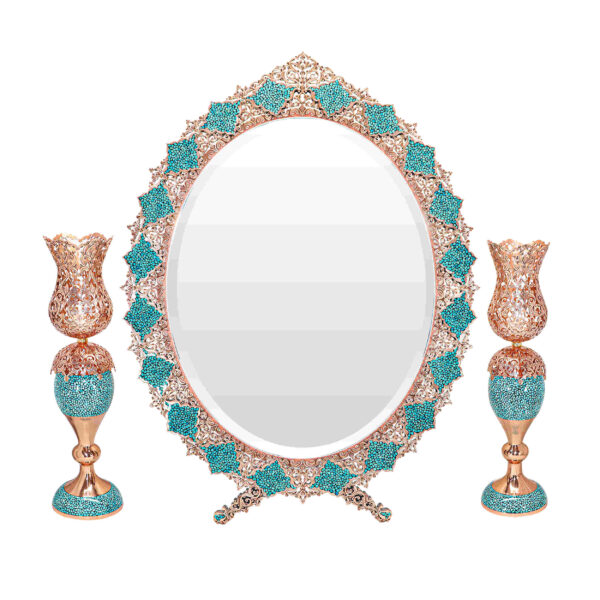 Persian Copper Turquoise Inlay Mirror Frame & Candle Holders with Silver Engraved Design