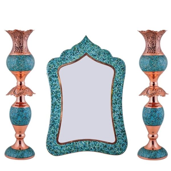 Persian Copper Turquoise Inlay Mirror Frame & Candlesticks Perfect for Home Decor