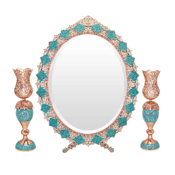 Persian Copper Turquoise Inlay Mirror Frame & Candlesticks Perfect for Home Decor