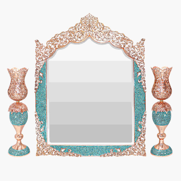 Persian Copper Turquoise Inlay Mirror Frame & Candlesticks Perfect for Wedding Ceremony