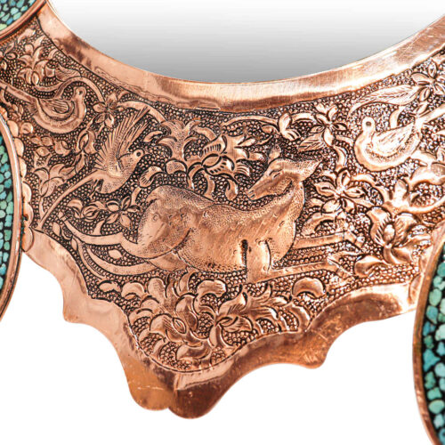 Persian Copper Turquoise Inlay Mirror Frame & Candlesticks with Floral & Paisley Design