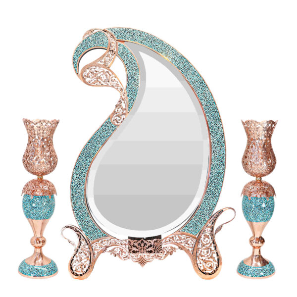 Persian Copper Turquoise Inlay Mirror Frame & Candlesticks with Paisley Design