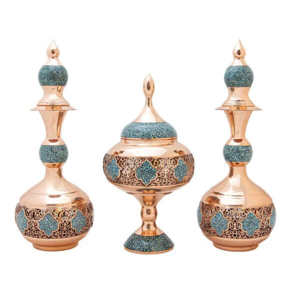Persian Decorative Copper Bottle & Chocolate Bowl Set with Turquoise Inlay Design