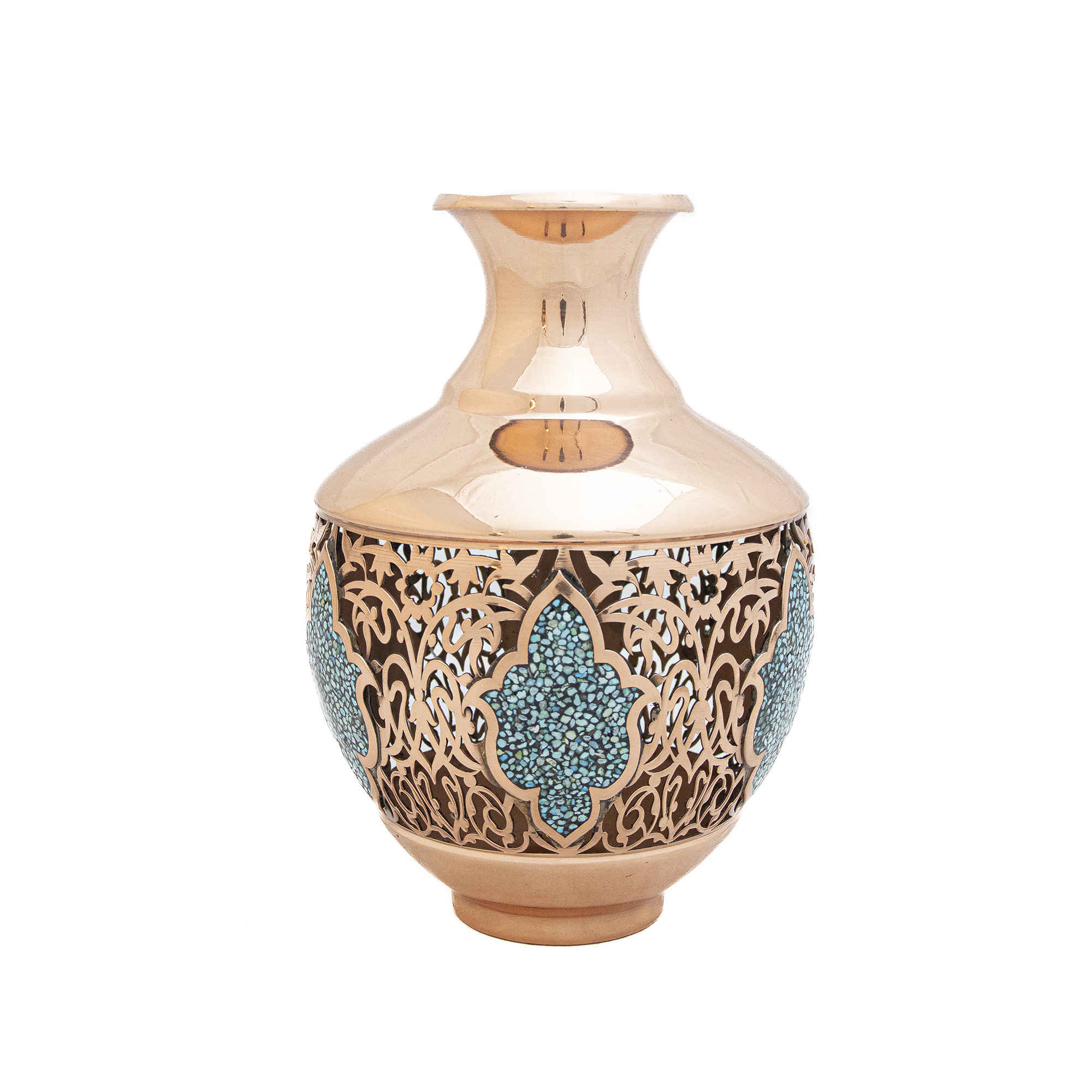 Persian Decorative Copper Bottle & Vase Set with Turquoise Inlay Design
