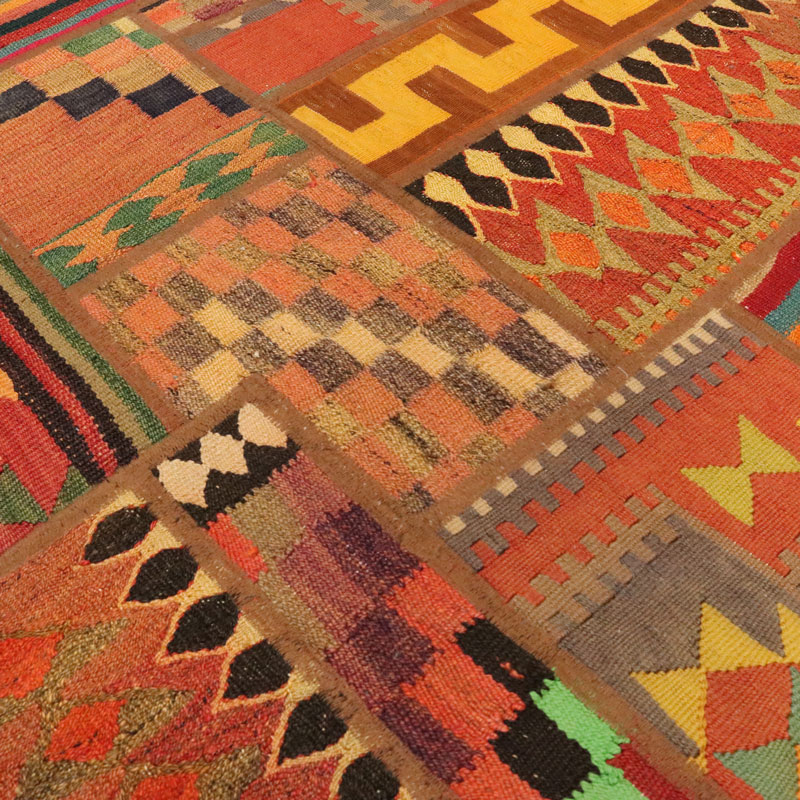 Persian Patchwork Kilim Rug Handwoven Geometric Orange