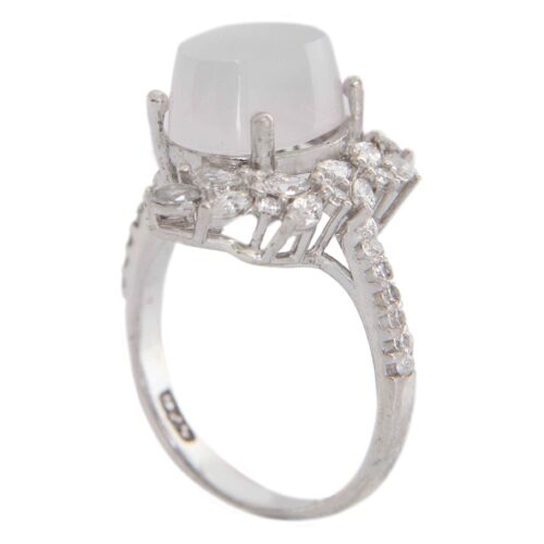 Persian Women’s Silver Ring with Yemeni Agate, Diamond Setting, Rhodium Plating