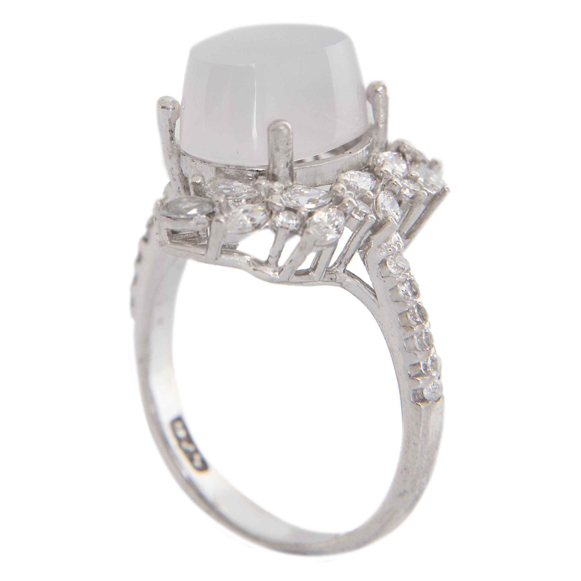 Persian Women's Silver Ring with Yemeni Agate, Diamond Setting, Rhodium Plating