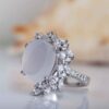 Persian Women's Silver Ring with Yemeni Agate, Diamond Setting, Rhodium Plating
