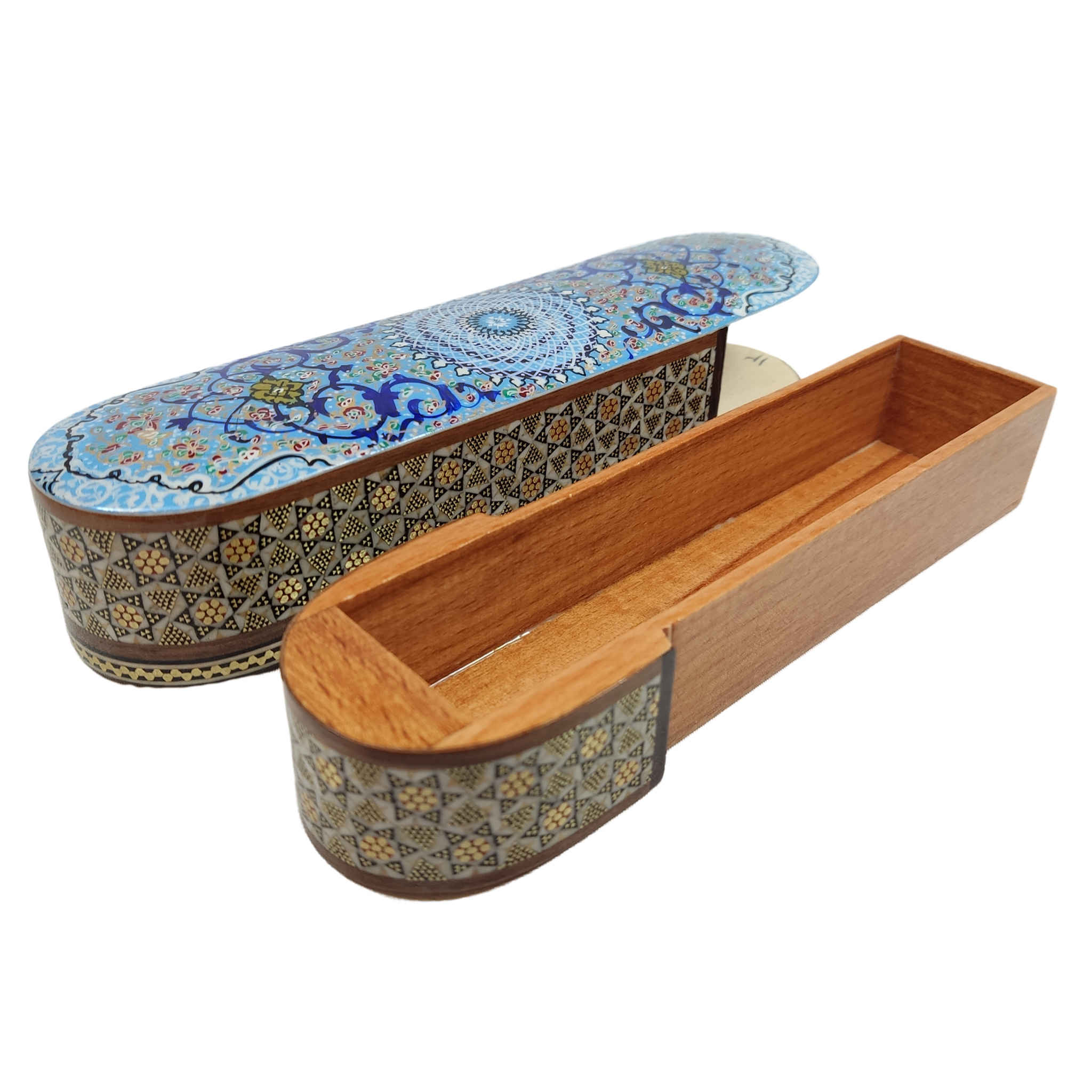Persian Wooden Pencil Box Handcrafted Khatamkari – Perfect for Gift in Blue