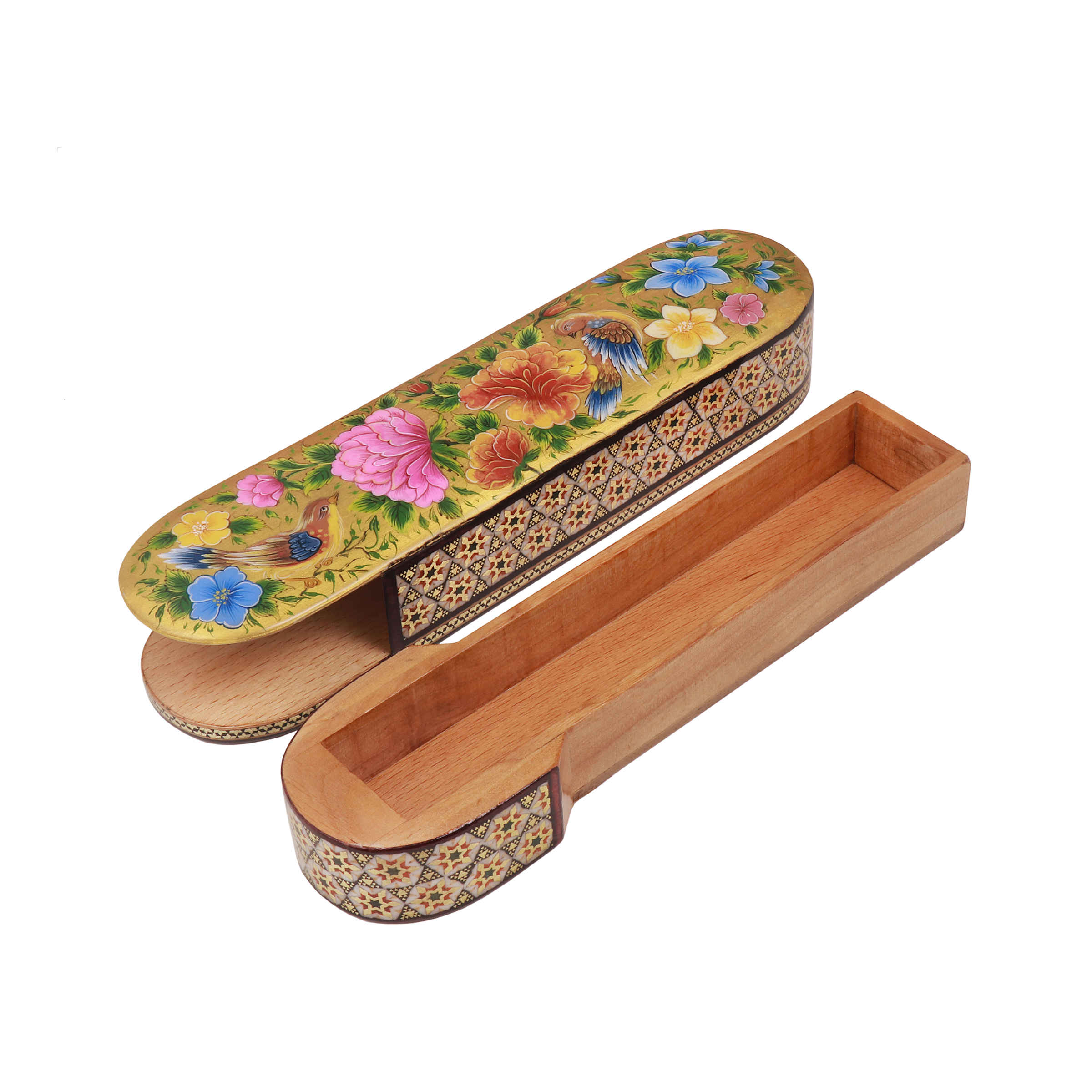 Persian Wooden Pencil Box Handcrafted Khatamkari – Perfect for Gift with Bird & Flower Design
