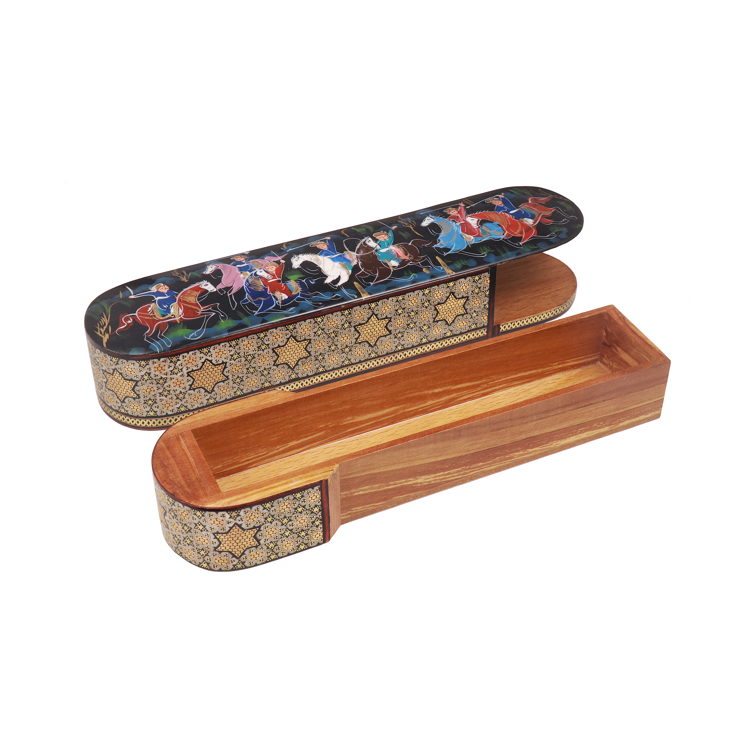 Persian Wooden Pencil Box Handcrafted Khatamkari – Perfect for Gift with Hunting Design