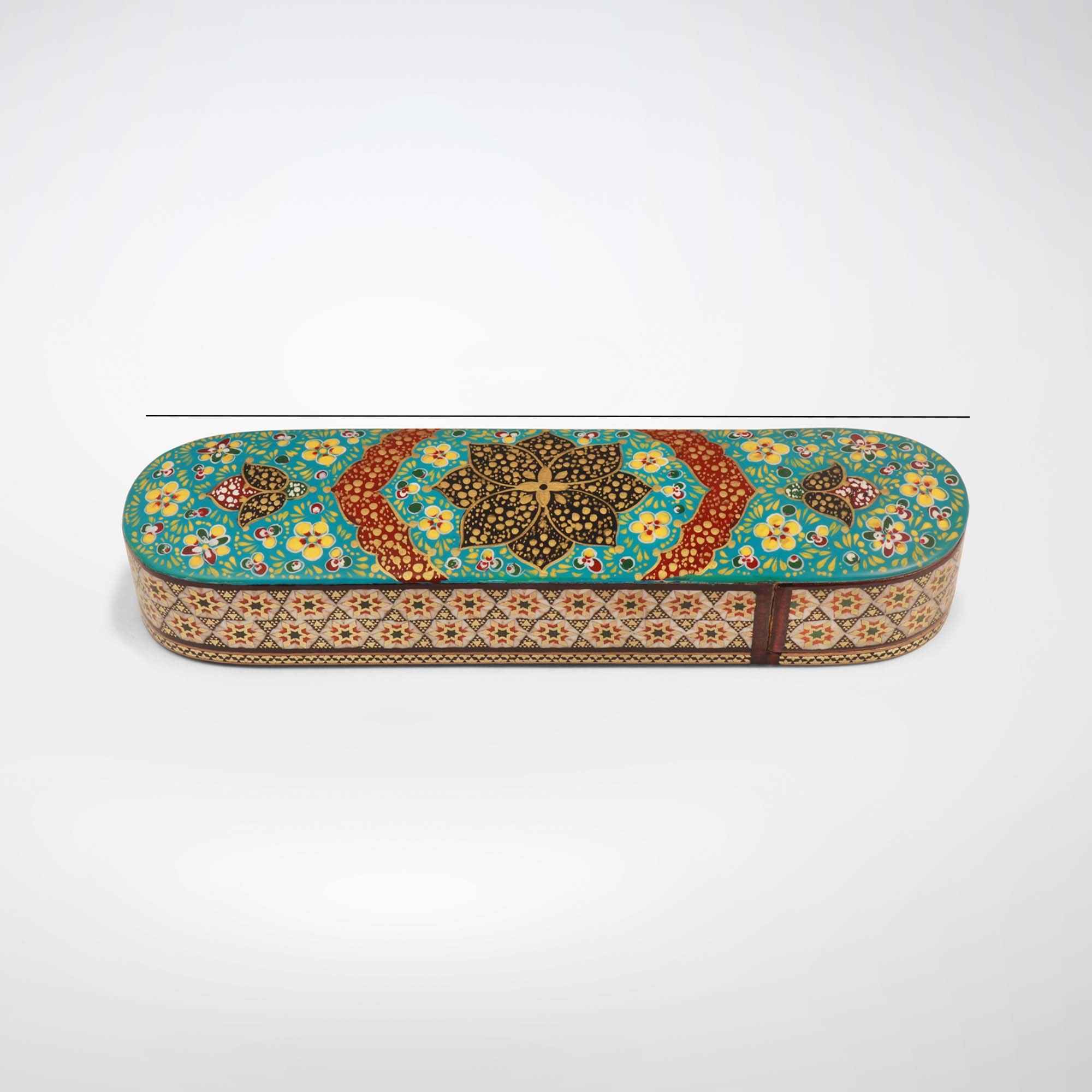 Persian Wooden Pencil Box Handcrafted Khatamkari with Floral Design
