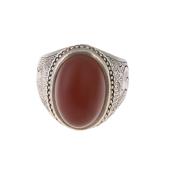 Persian Yemeni Aqeeq Silver Ring for Men with Brown Gemstone