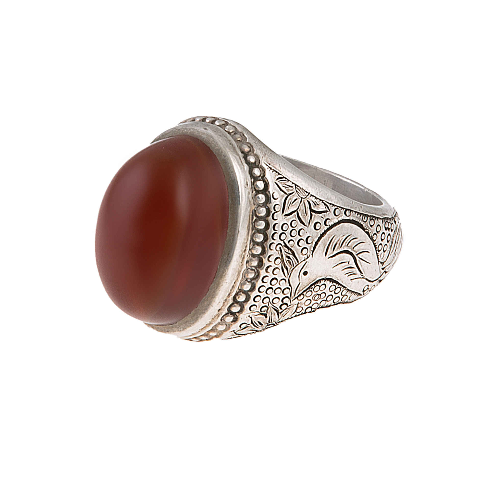 Persian Yemeni Aqeeq Silver Ring for Men with Brown Gemstone