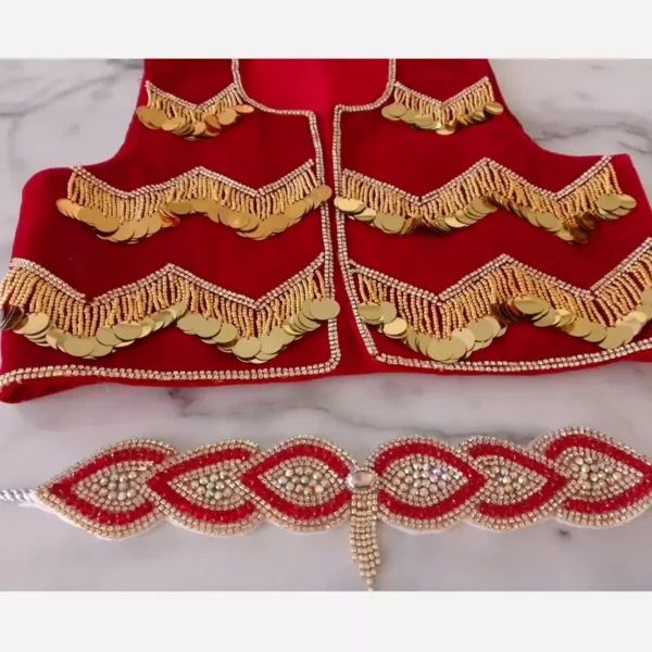 Radiance of Tradition Red and Gold Kurdish-Style Vest With Belt Designed by Intricate Embellishments