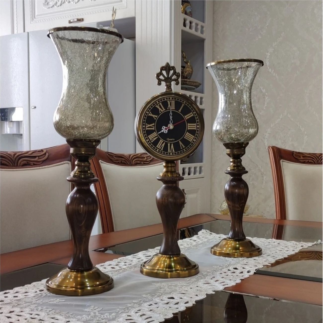 Set of 2 Wooden Design Candle Holders with Desk Clock – Stylish Home Decor