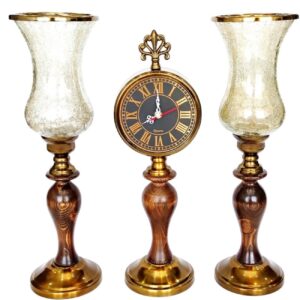 Set of 2 Wooden Design Candle Holders with Desk Clock – Stylish Home Decor