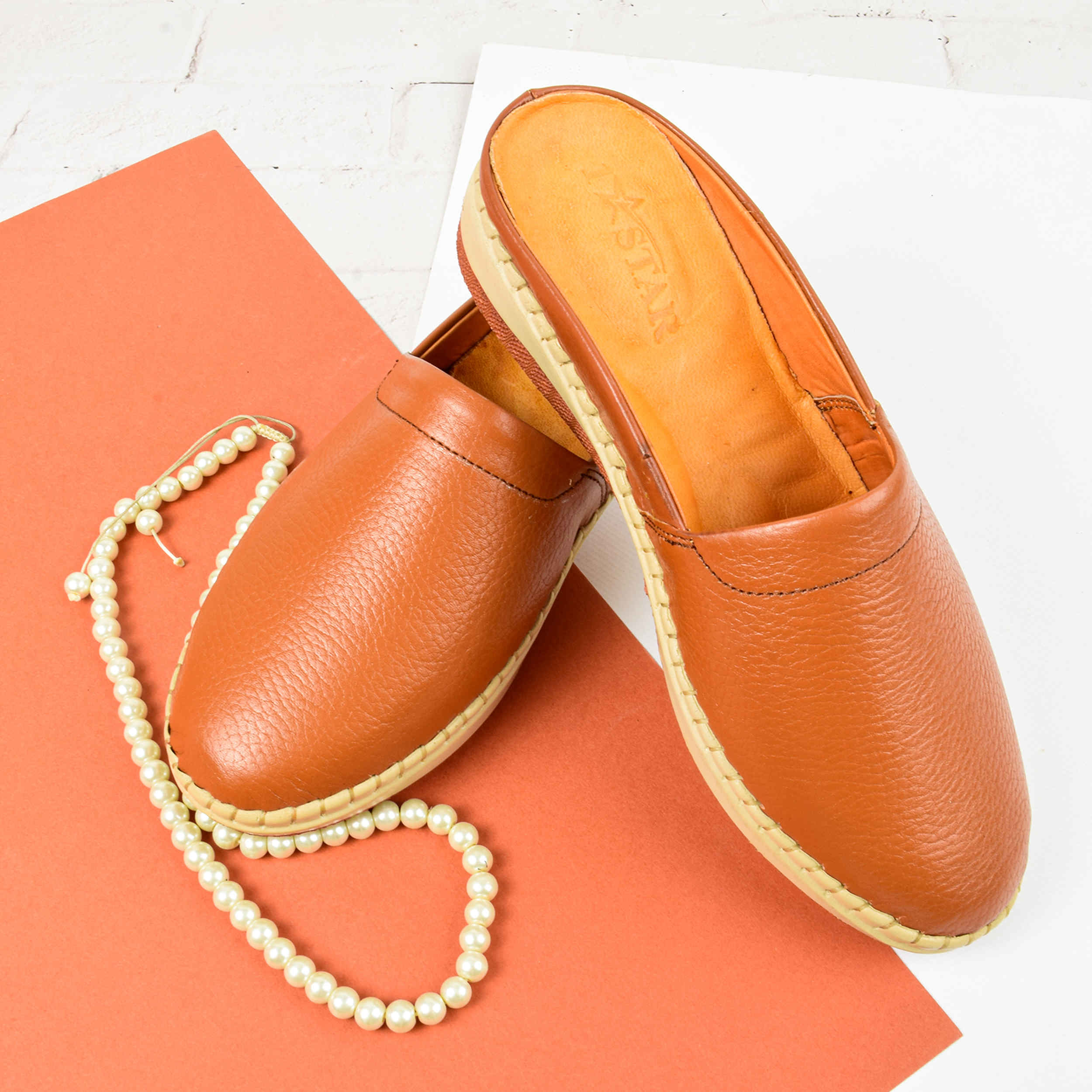 Women’s Natural Leather Mules Shoes for Comfort and Stylish in Brown