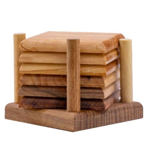 Wooden Coasters Set with Holder – Beautifully for Home and Office Use (Pack of 6)