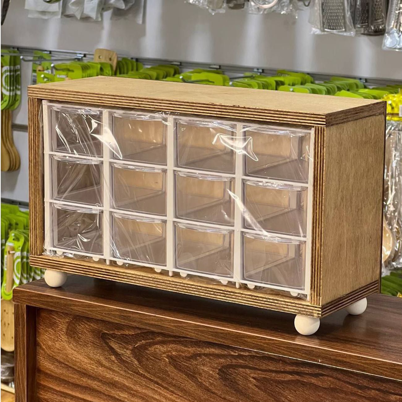 12-Drawer Wooden Spice Rack with Plastic Containers and Stylish Wooden Stand