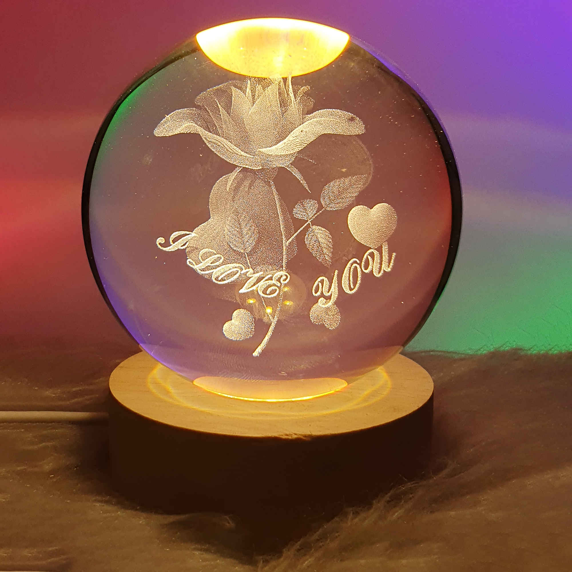 3D Crystal Ball Night Light in Rose Flower Design Fantasy Glowing LED Lamp